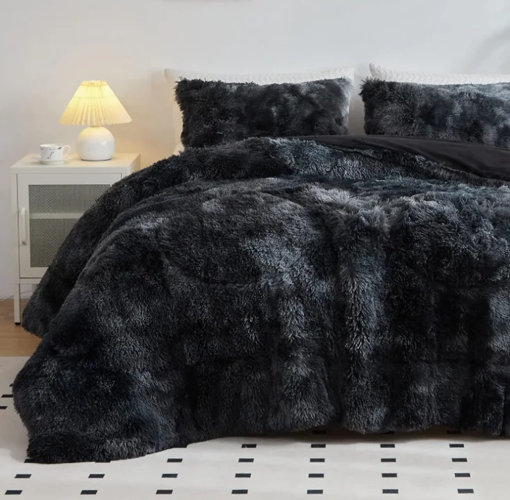 Faux Fur Plush Tie Dye Teal Comforter Set Fluffy Fuzzy Shaggy Bedding Set — product image 1